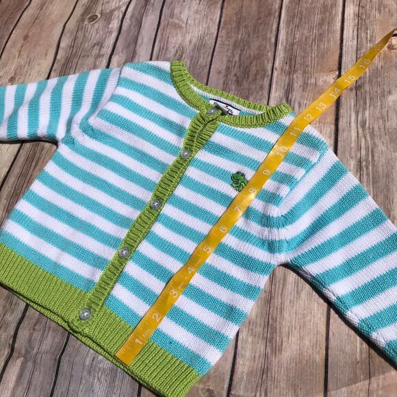 Hartstrings Boys Cardigan Sweater Size 12 Months Teal White Green Frog Striped - Picture 6 of 9